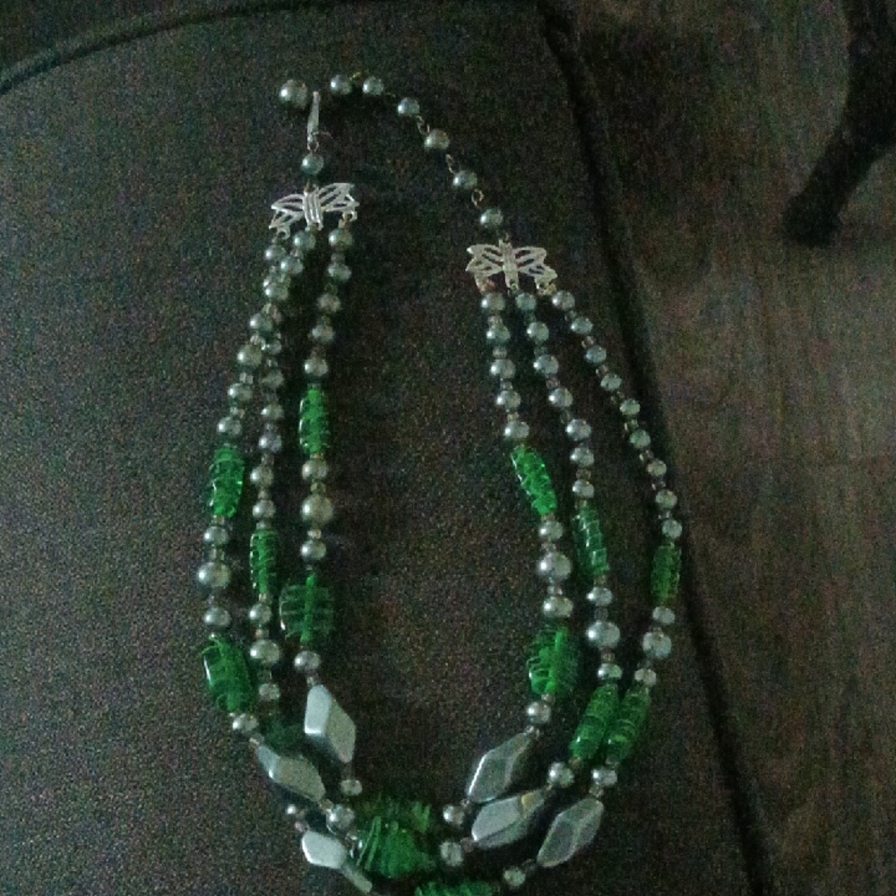 Green and Silver Multi-Strand Necklace with Jade Beads